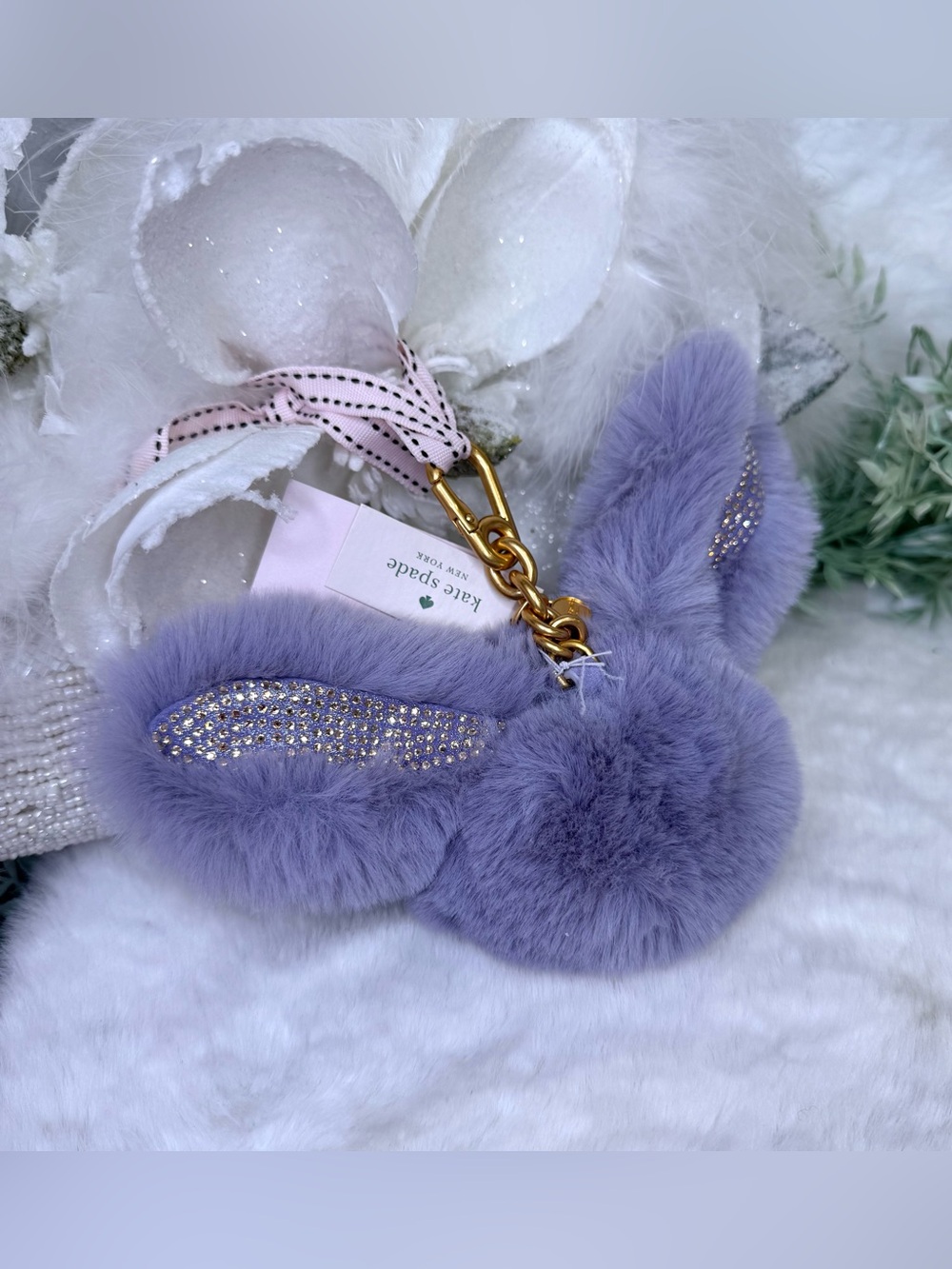 Kate Spade Fluffy bunny keychain bag charm lilac plush NWT
